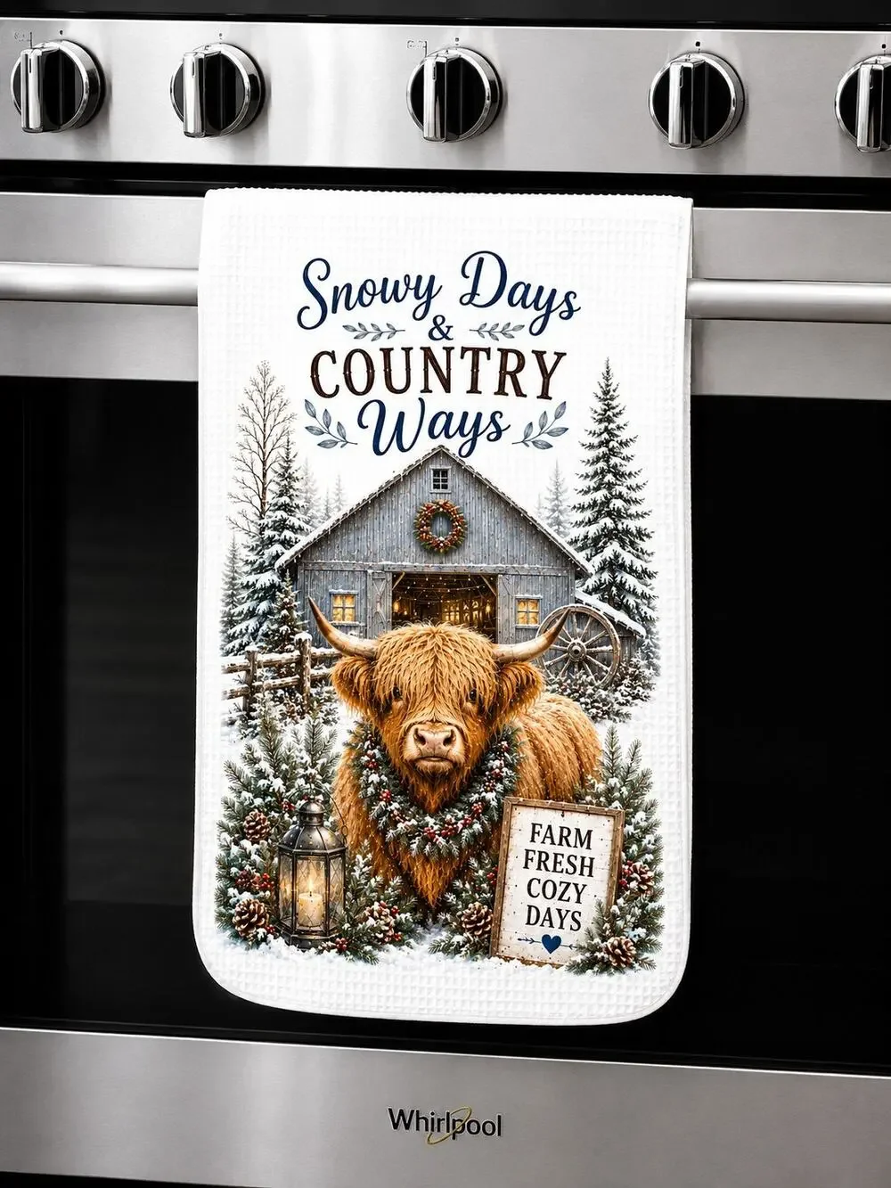 Highland Cow Snowy Days Country Ways Winter Kitchen Towel Farmhouse